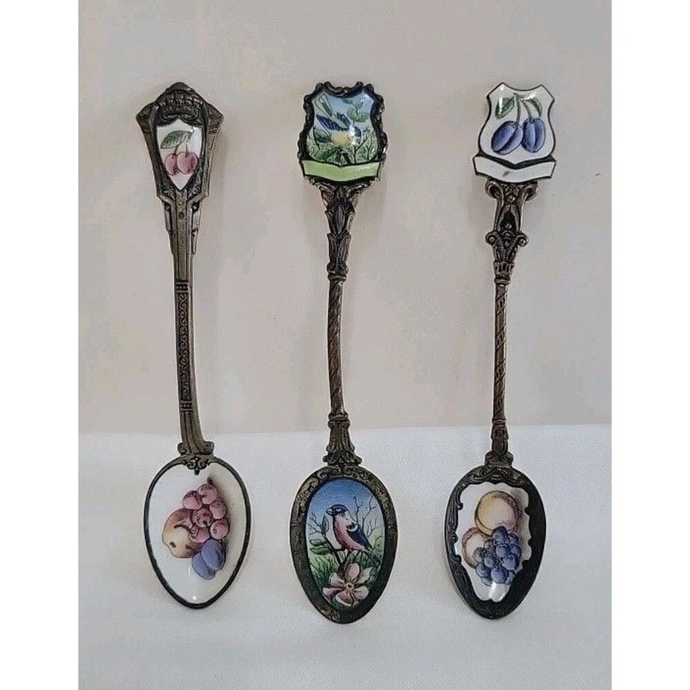 3 Vintage Czechoslovakian Enameled Collector Spoons - Mid-Century - Fruit & Bird